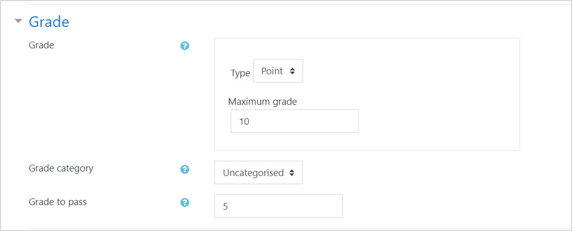 Under the Grade heading in Moodle, the Grade options are shown along with Grade category and Grade to pass.